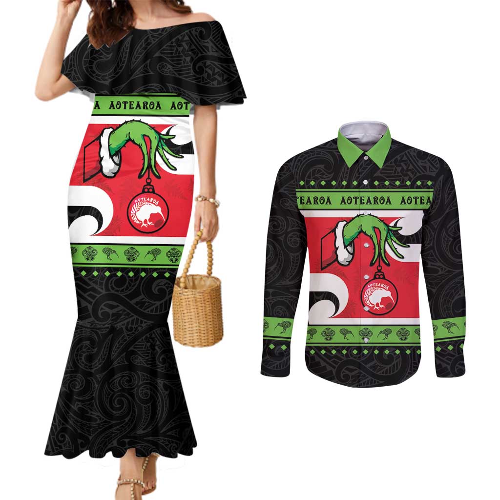 New Zealand Funny Christmas Couples Matching Mermaid Dress and Long Sleeve Button Shirt Maori Tiki LT05 Black - Polynesian Pride