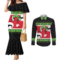 New Zealand Funny Christmas Couples Matching Mermaid Dress and Long Sleeve Button Shirt Maori Tiki LT05 Black - Polynesian Pride