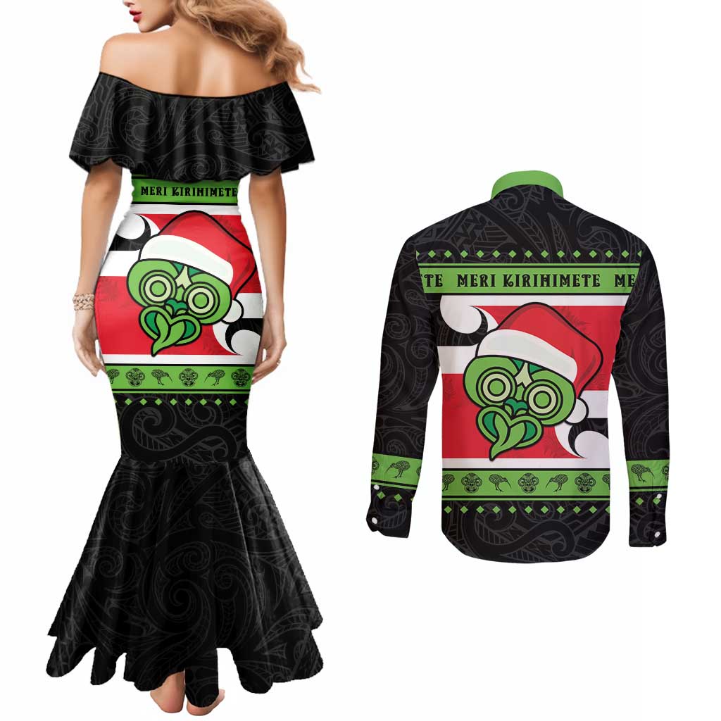 New Zealand Funny Christmas Couples Matching Mermaid Dress and Long Sleeve Button Shirt Maori Tiki LT05 - Polynesian Pride