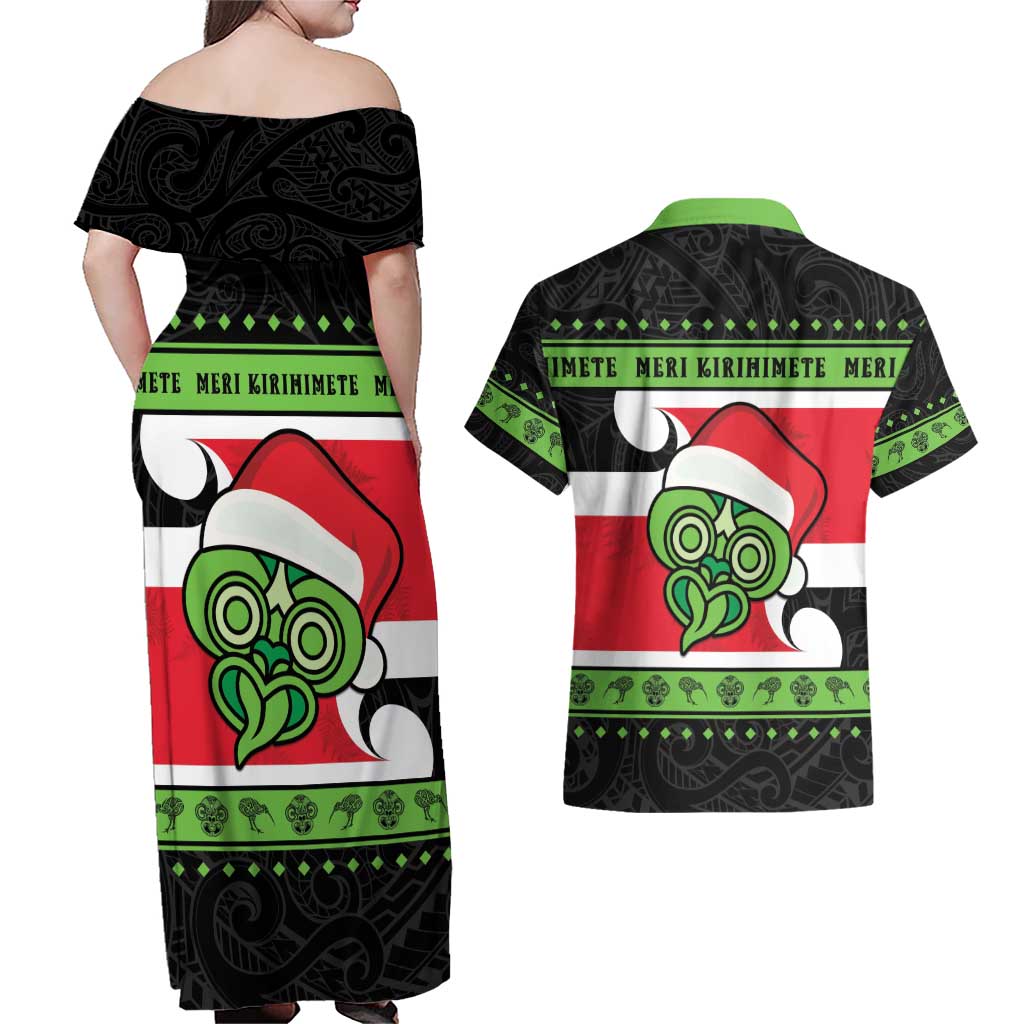New Zealand Funny Christmas Couples Matching Off Shoulder Maxi Dress and Hawaiian Shirt Maori Tiki LT05 - Polynesian Pride