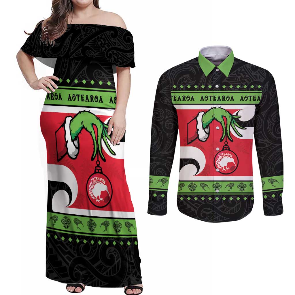 New Zealand Funny Christmas Couples Matching Off Shoulder Maxi Dress and Long Sleeve Button Shirt Maori Tiki LT05 Black - Polynesian Pride
