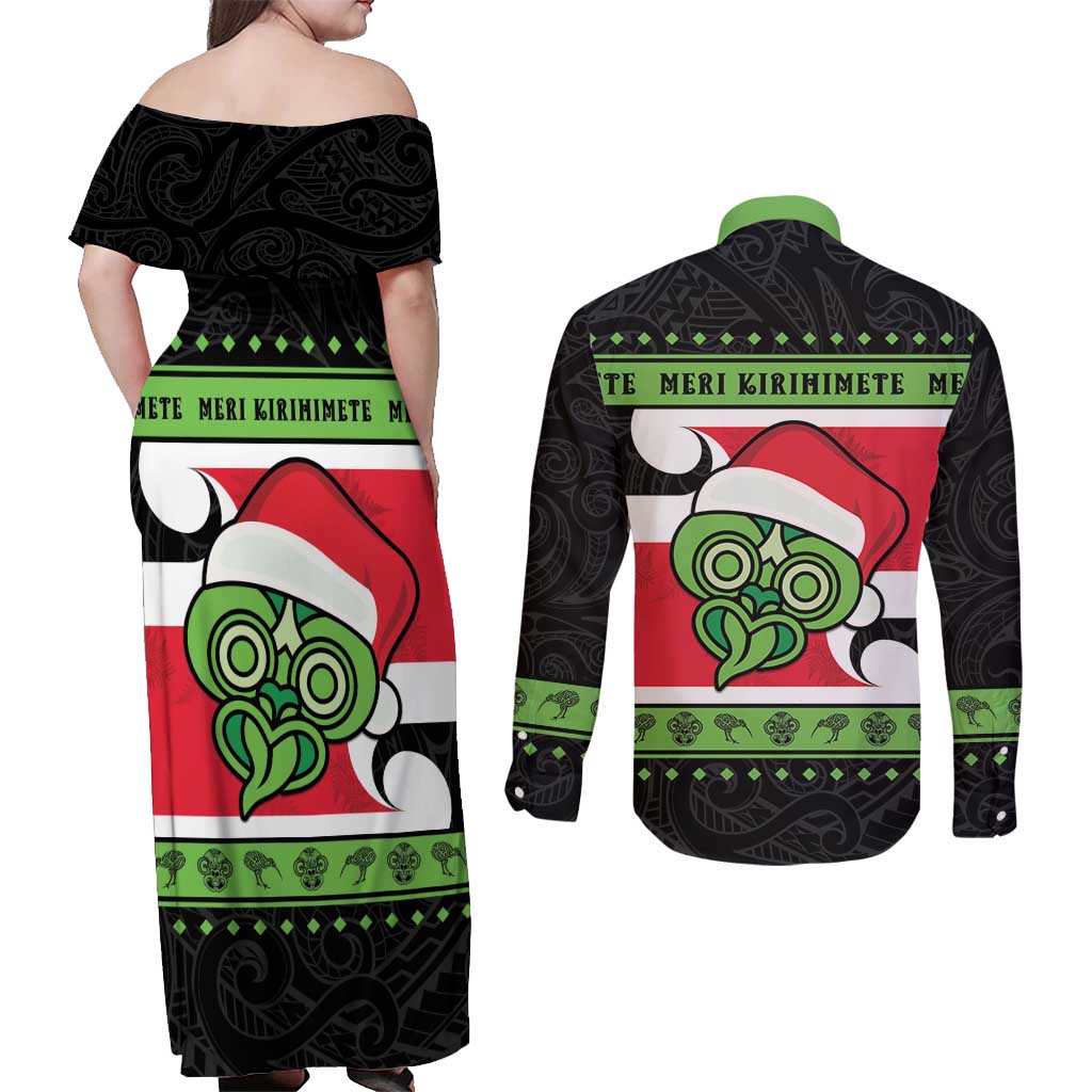 New Zealand Funny Christmas Couples Matching Off Shoulder Maxi Dress and Long Sleeve Button Shirt Maori Tiki LT05 - Polynesian Pride