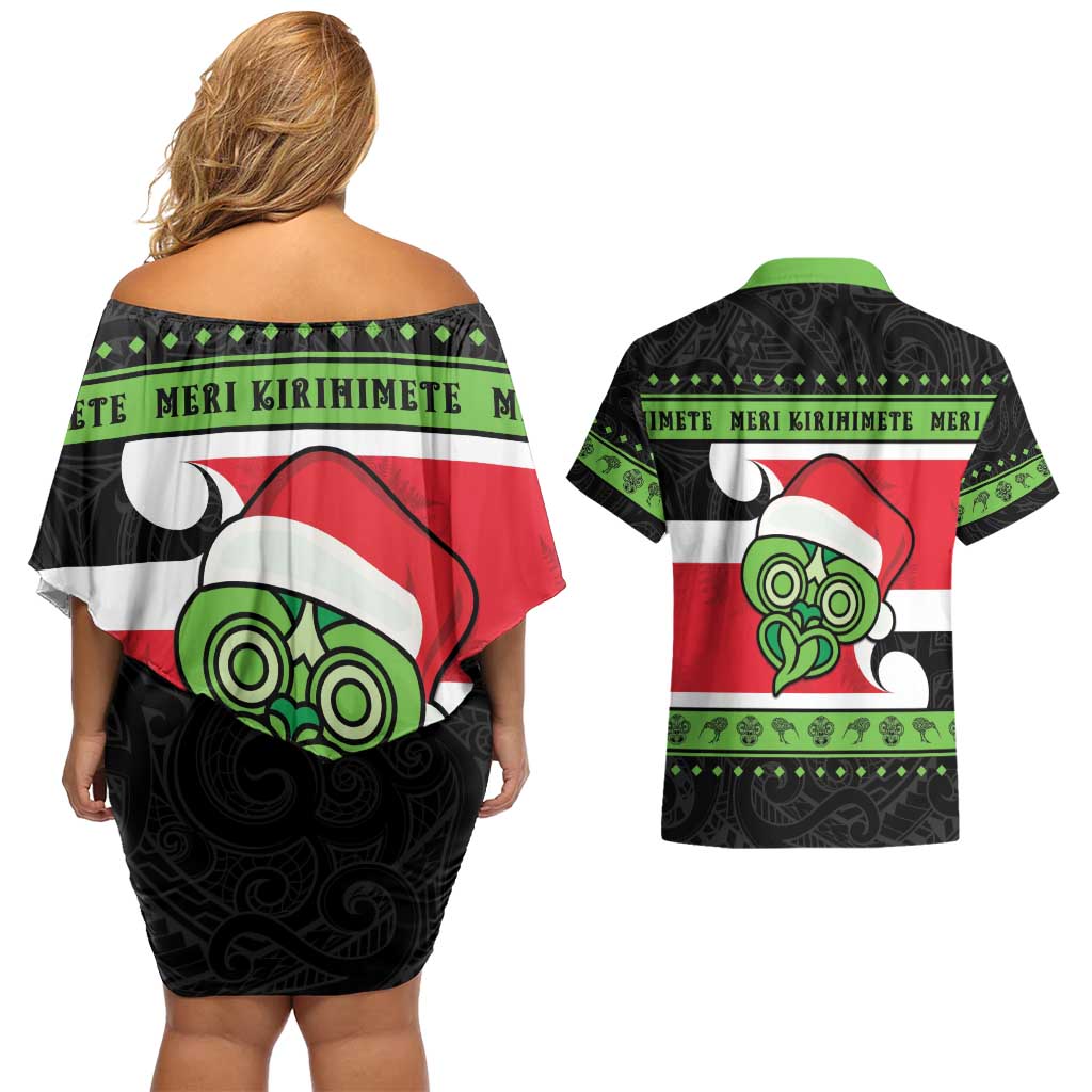 New Zealand Funny Christmas Couples Matching Off Shoulder Short Dress and Hawaiian Shirt Maori Tiki LT05 - Polynesian Pride