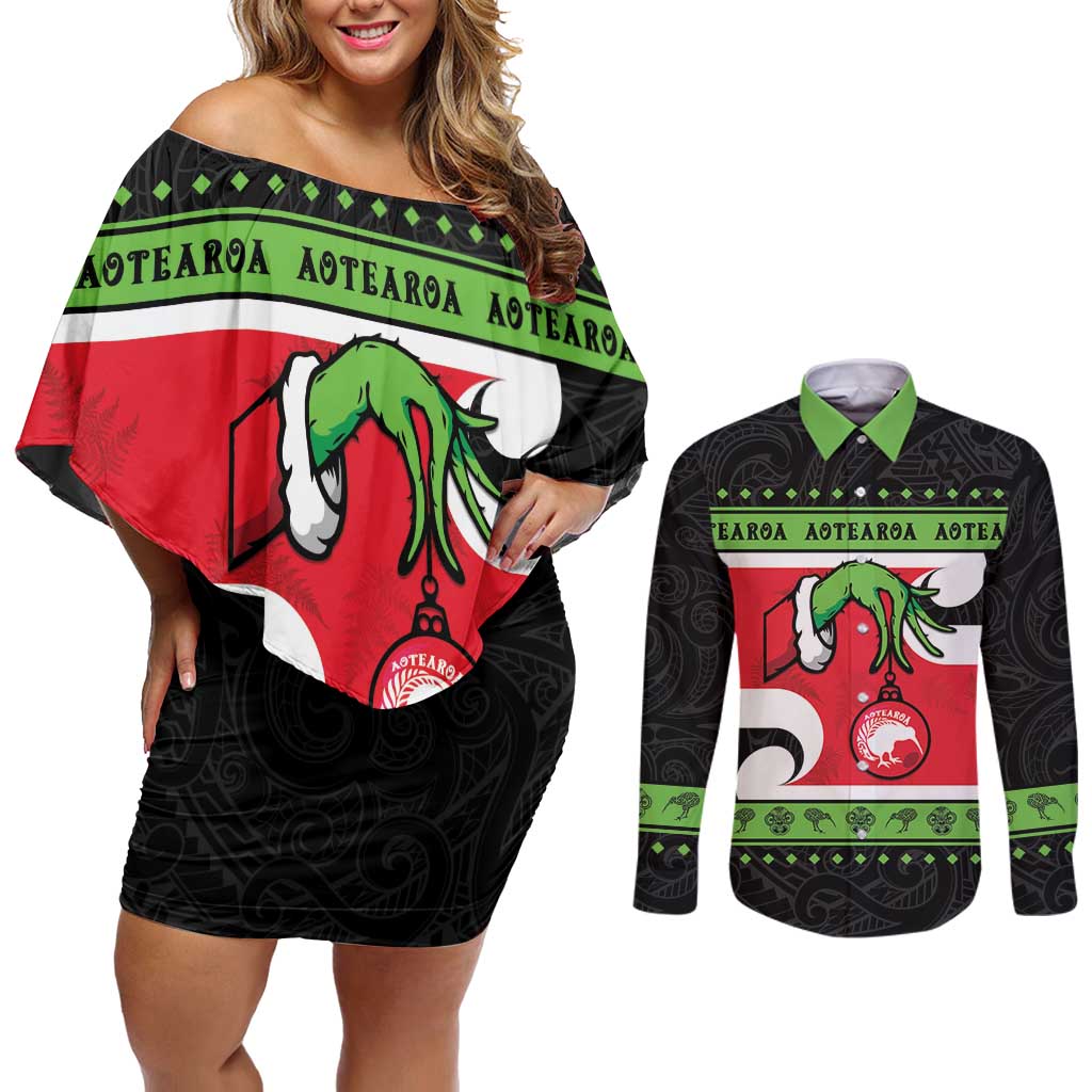 New Zealand Funny Christmas Couples Matching Off Shoulder Short Dress and Long Sleeve Button Shirt Maori Tiki LT05 Black - Polynesian Pride