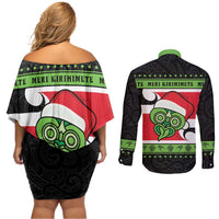 New Zealand Funny Christmas Couples Matching Off Shoulder Short Dress and Long Sleeve Button Shirt Maori Tiki LT05 - Polynesian Pride