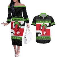 New Zealand Funny Christmas Couples Matching Off The Shoulder Long Sleeve Dress and Hawaiian Shirt Maori Tiki LT05 Black - Polynesian Pride