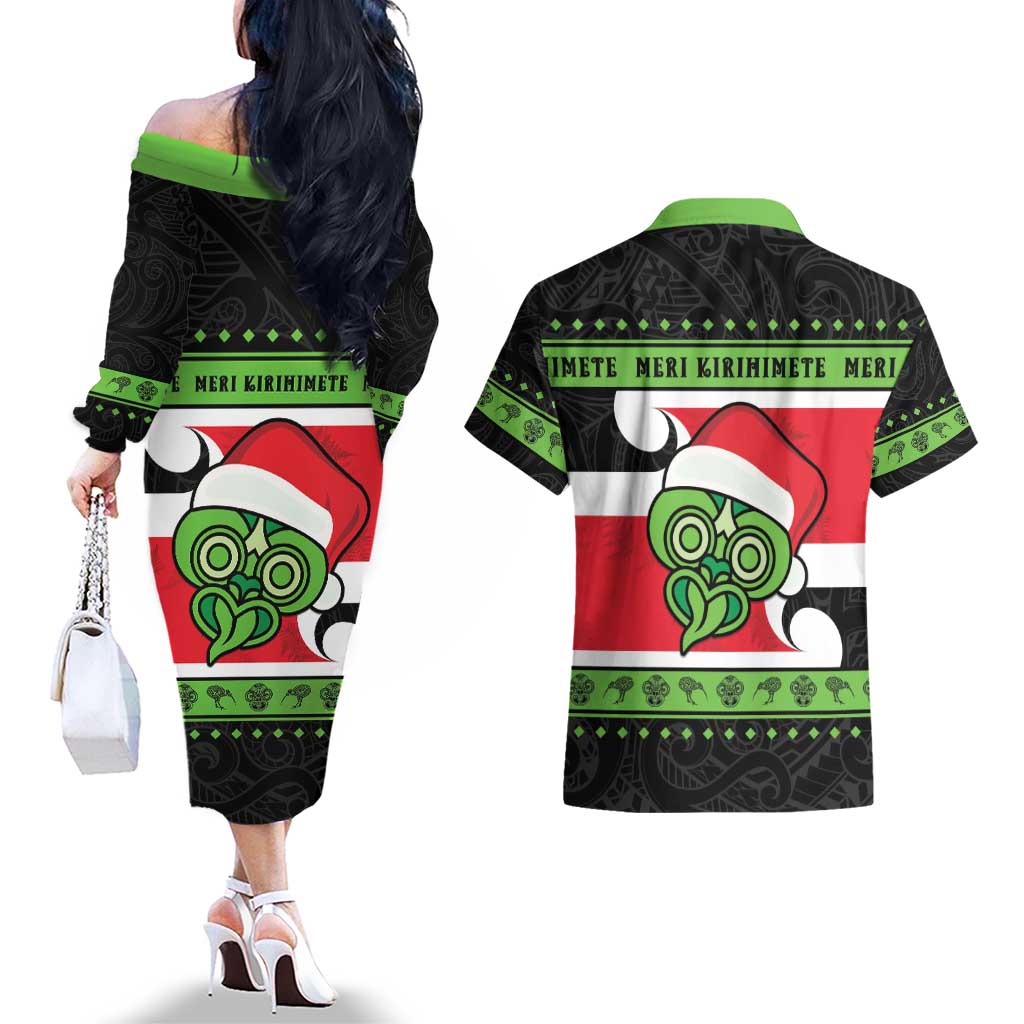 New Zealand Funny Christmas Couples Matching Off The Shoulder Long Sleeve Dress and Hawaiian Shirt Maori Tiki LT05 - Polynesian Pride