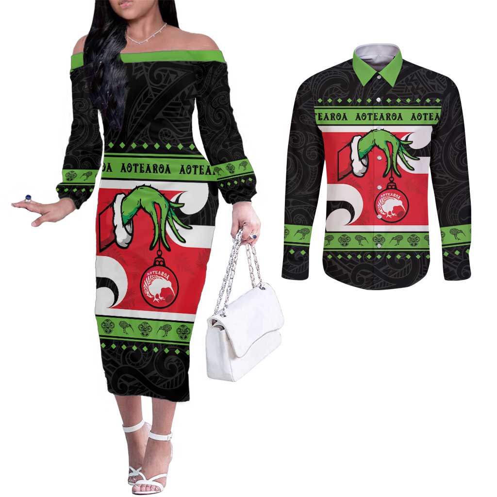 New Zealand Funny Christmas Couples Matching Off The Shoulder Long Sleeve Dress and Long Sleeve Button Shirt Maori Tiki LT05 Black - Polynesian Pride