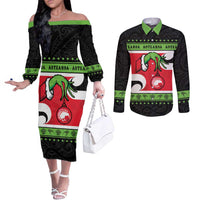 New Zealand Funny Christmas Couples Matching Off The Shoulder Long Sleeve Dress and Long Sleeve Button Shirt Maori Tiki LT05 Black - Polynesian Pride