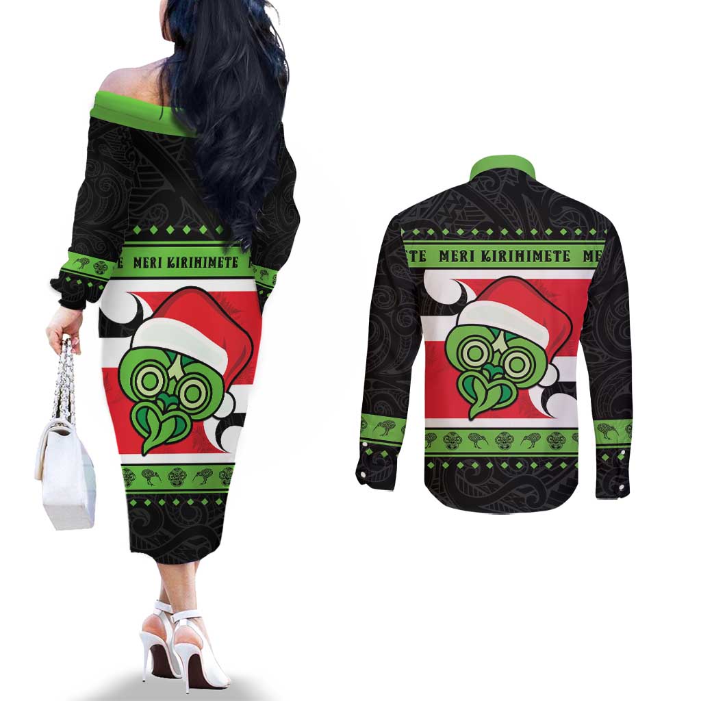 New Zealand Funny Christmas Couples Matching Off The Shoulder Long Sleeve Dress and Long Sleeve Button Shirt Maori Tiki LT05 - Polynesian Pride