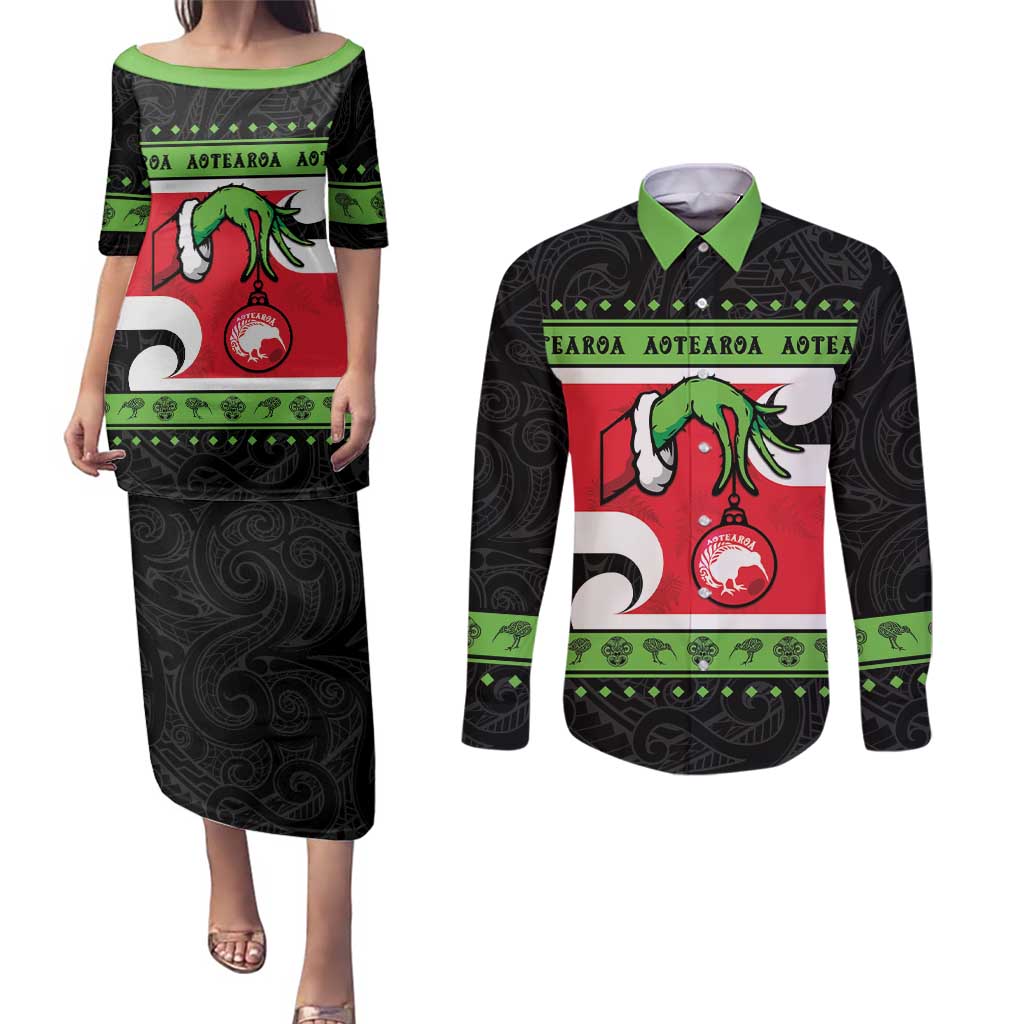 New Zealand Funny Christmas Couples Matching Puletasi and Long Sleeve Button Shirt Maori Tiki LT05 Black - Polynesian Pride