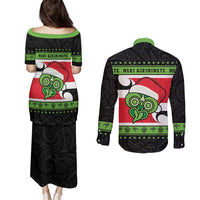 New Zealand Funny Christmas Couples Matching Puletasi and Long Sleeve Button Shirt Maori Tiki LT05 - Polynesian Pride