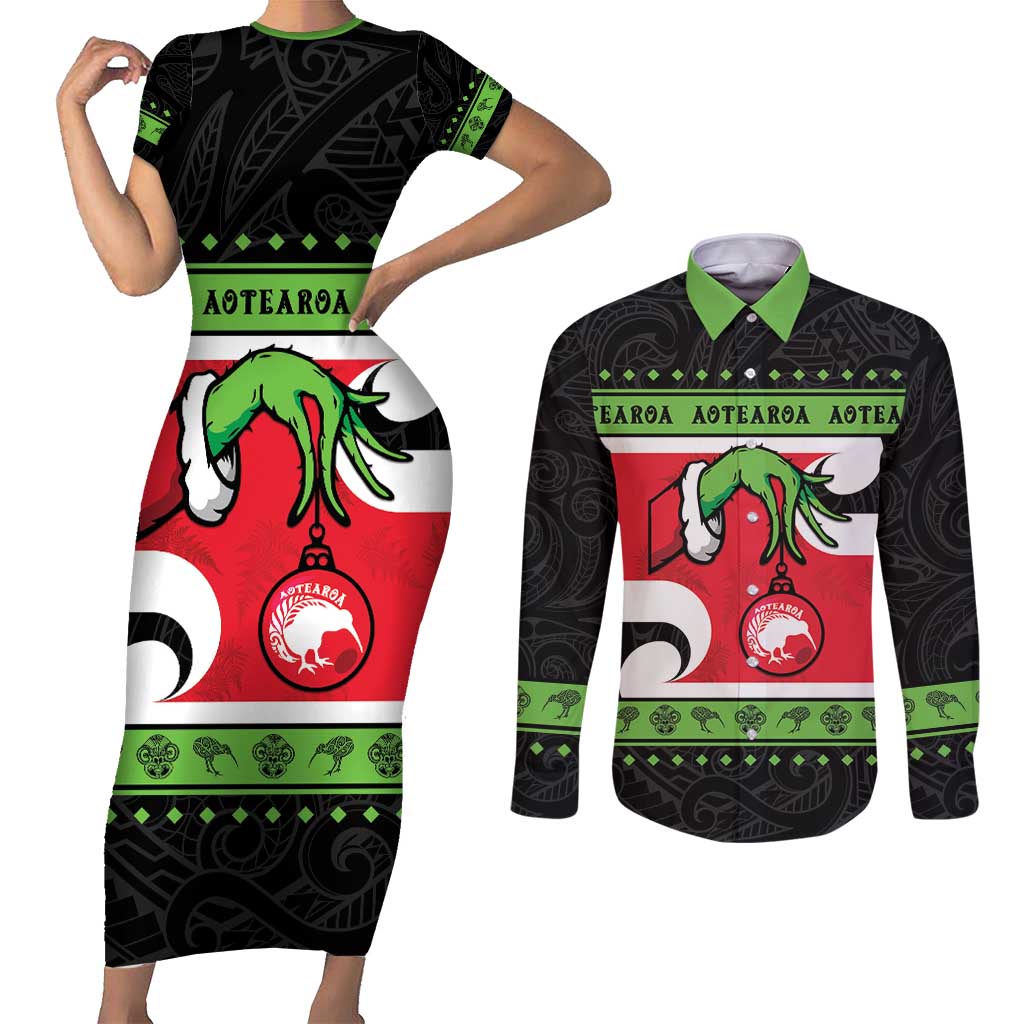 New Zealand Funny Christmas Couples Matching Short Sleeve Bodycon Dress and Long Sleeve Button Shirt Maori Tiki LT05 Black - Polynesian Pride