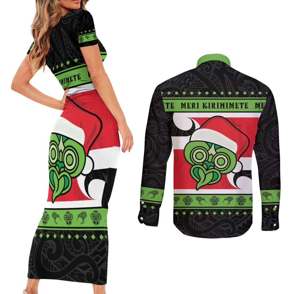 New Zealand Funny Christmas Couples Matching Short Sleeve Bodycon Dress and Long Sleeve Button Shirt Maori Tiki LT05 - Polynesian Pride