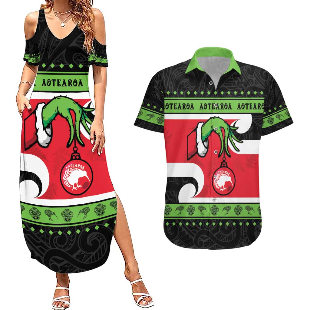 New Zealand Funny Christmas Couples Matching Summer Maxi Dress and Hawaiian Shirt Maori Tiki LT05 Black - Polynesian Pride
