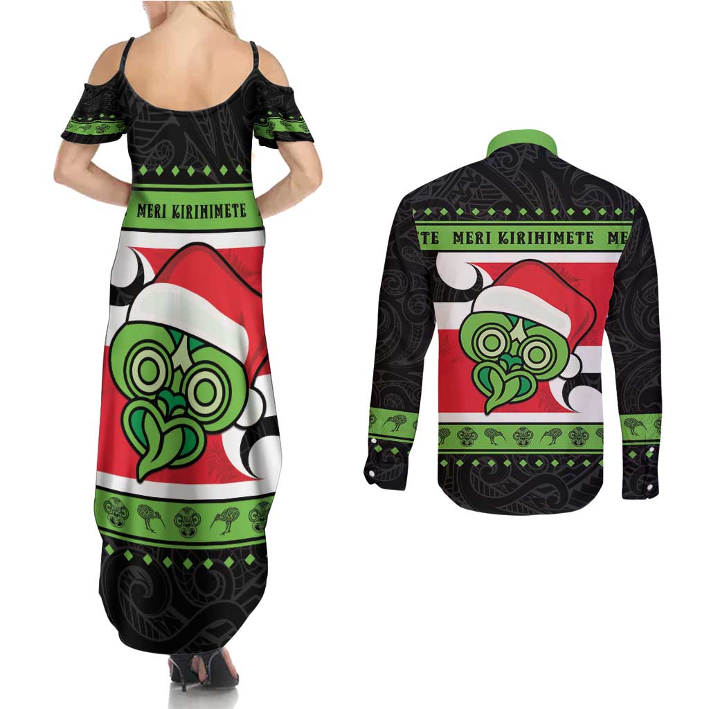 New Zealand Funny Christmas Couples Matching Summer Maxi Dress and Long Sleeve Button Shirt Maori Tiki LT05 - Polynesian Pride