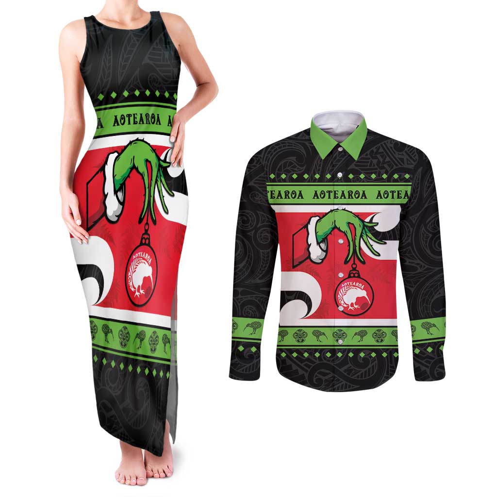 New Zealand Funny Christmas Couples Matching Tank Maxi Dress and Long Sleeve Button Shirt Maori Tiki LT05 Black - Polynesian Pride