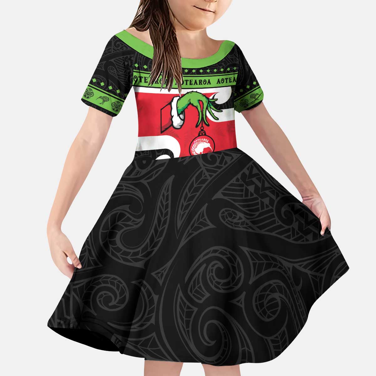 New Zealand Funny Christmas Kid Short Sleeve Dress Maori Tiki LT05 KID Black - Polynesian Pride