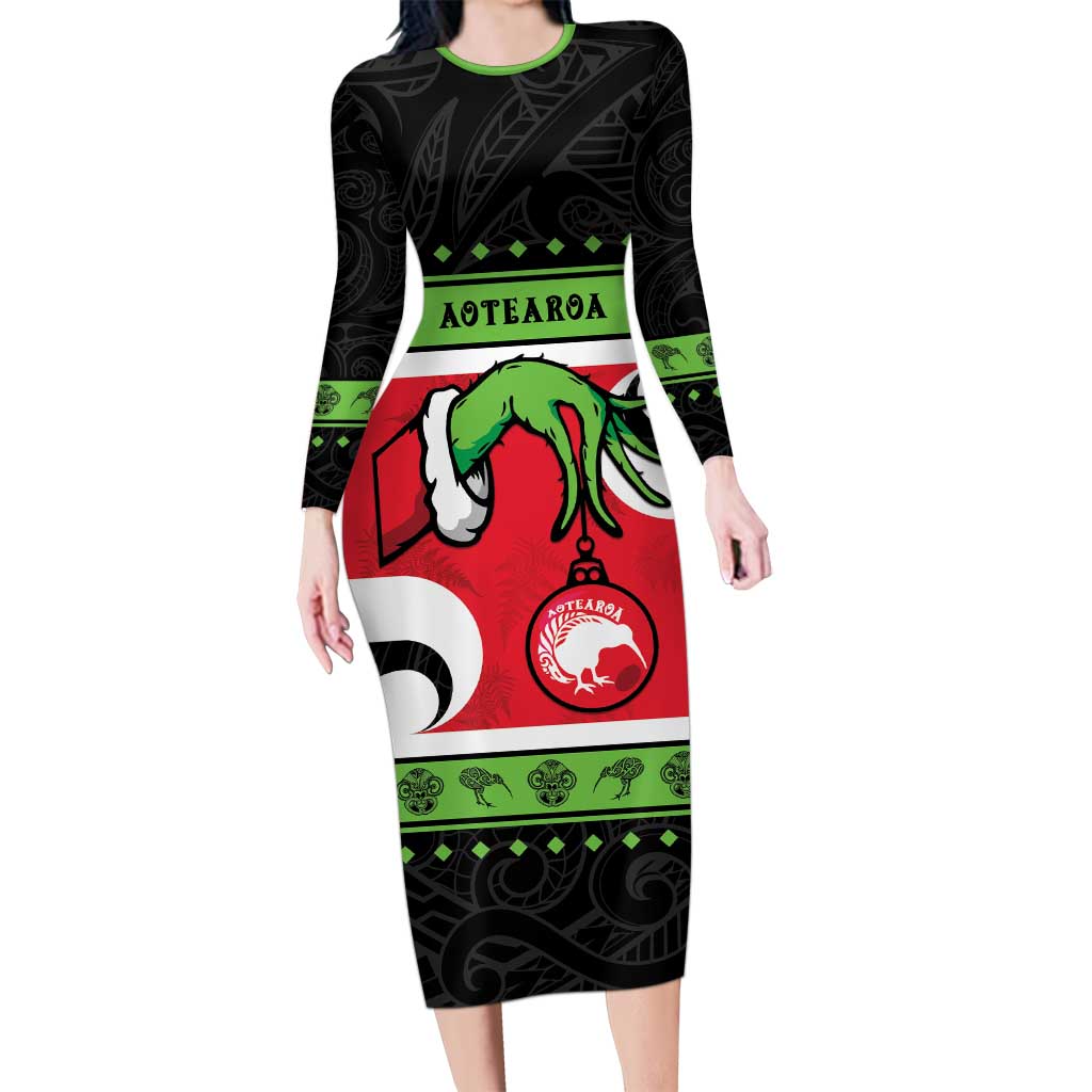New Zealand Funny Christmas Long Sleeve Bodycon Dress Maori Tiki LT05 Long Dress Black - Polynesian Pride
