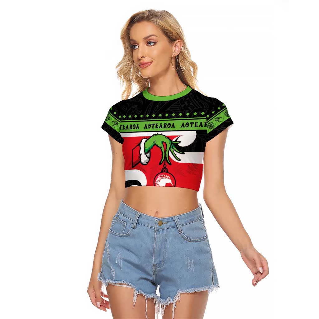 New Zealand Funny Christmas Raglan Cropped T Shirt Maori Tiki LT05 Female Black - Polynesian Pride