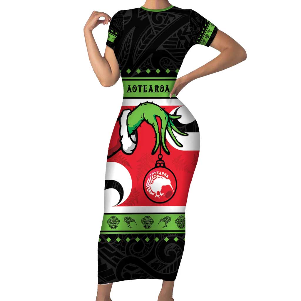 New Zealand Funny Christmas Short Sleeve Bodycon Dress Maori Tiki LT05 Long Dress Black - Polynesian Pride