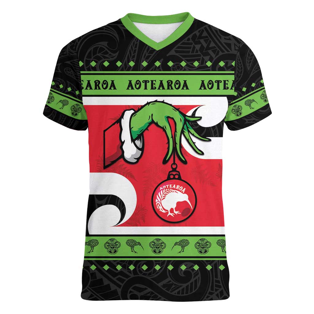 New Zealand Funny Christmas Women V-Neck T-Shirt Maori Tiki LT05 Female Black - Polynesian Pride