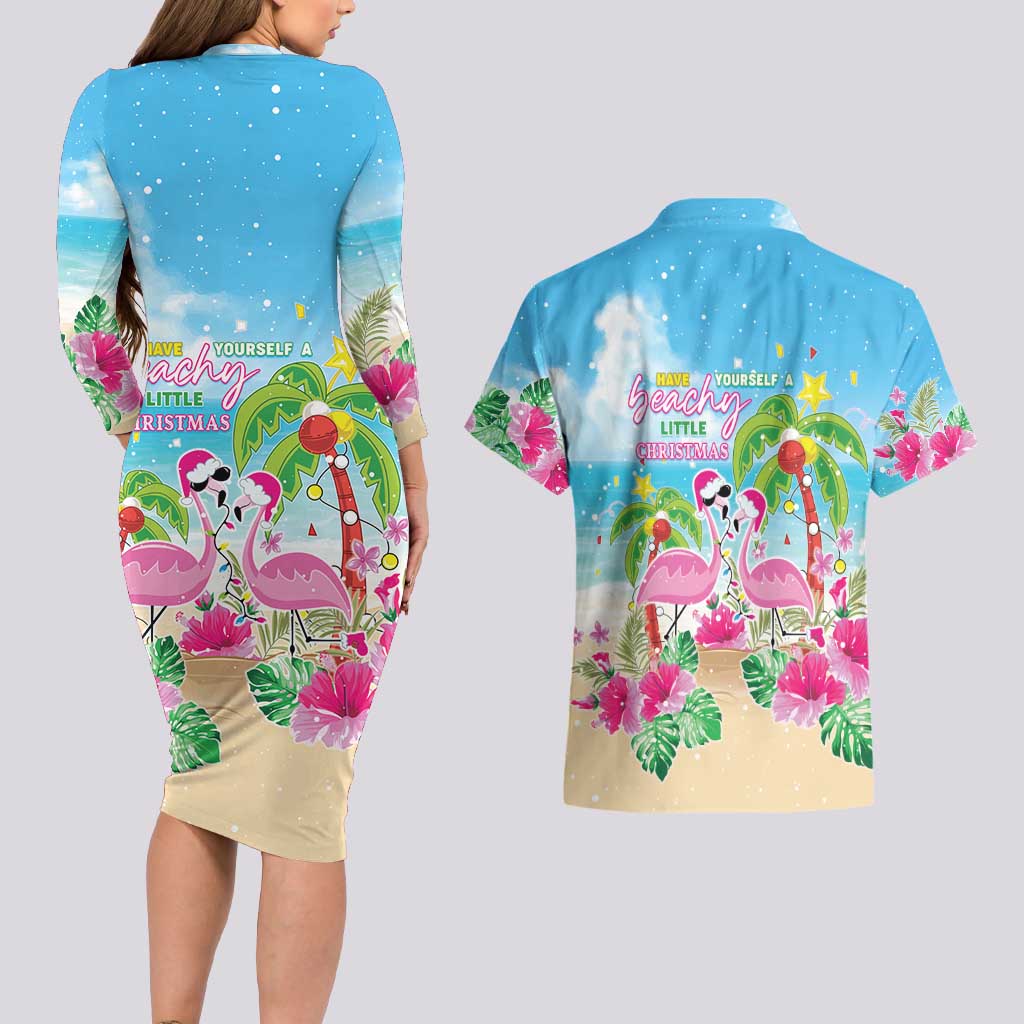 Hawaii Christmas Couples Matching Long Sleeve Bodycon Dress and Hawaiian Shirt Deck The Palms Holiday Flamingos LT05 - Polynesian Pride