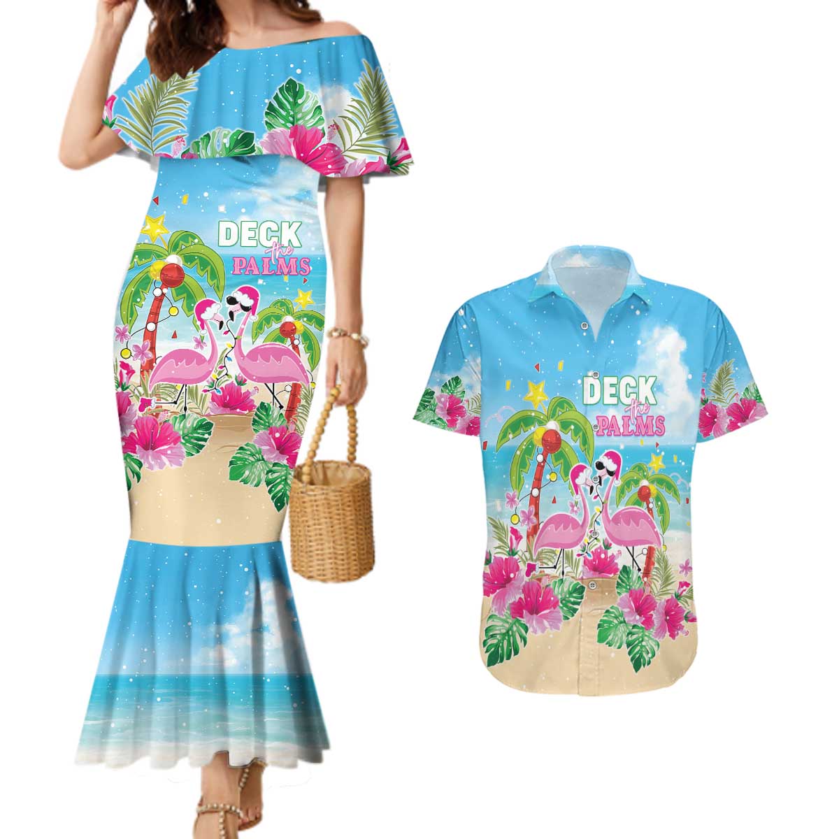 Hawaii Christmas Couples Matching Mermaid Dress and Hawaiian Shirt Deck The Palms Holiday Flamingos LT05 Blue - Polynesian Pride
