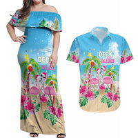 Hawaii Christmas Couples Matching Off Shoulder Maxi Dress and Hawaiian Shirt Deck The Palms Holiday Flamingos LT05 Blue - Polynesian Pride