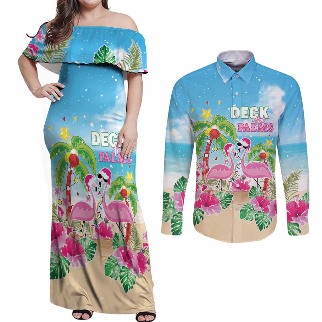 Hawaii Christmas Couples Matching Off Shoulder Maxi Dress and Long Sleeve Button Shirt Deck The Palms Holiday Flamingos LT05 Blue - Polynesian Pride