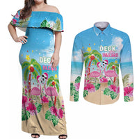 Hawaii Christmas Couples Matching Off Shoulder Maxi Dress and Long Sleeve Button Shirt Deck The Palms Holiday Flamingos LT05 Blue - Polynesian Pride