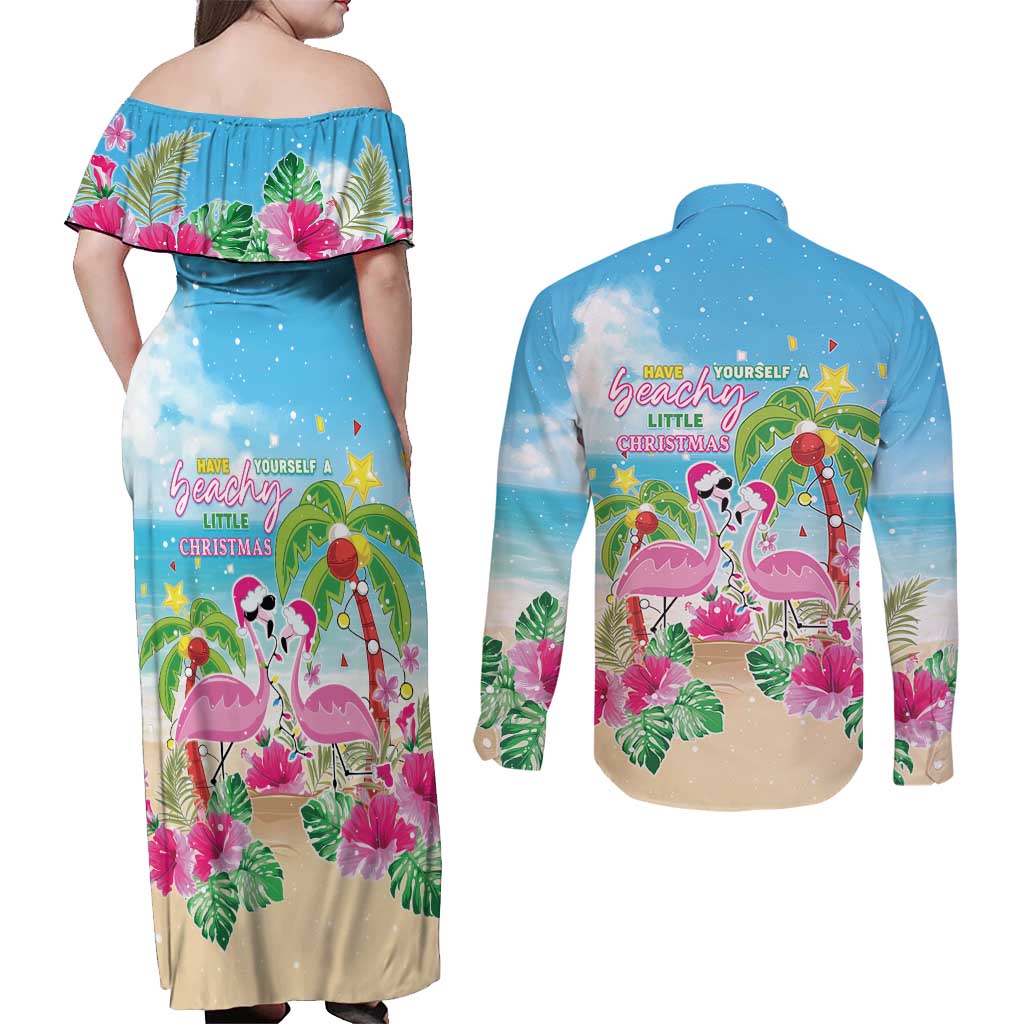 Hawaii Christmas Couples Matching Off Shoulder Maxi Dress and Long Sleeve Button Shirt Deck The Palms Holiday Flamingos LT05 - Polynesian Pride