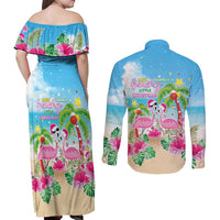 Hawaii Christmas Couples Matching Off Shoulder Maxi Dress and Long Sleeve Button Shirt Deck The Palms Holiday Flamingos LT05 - Polynesian Pride