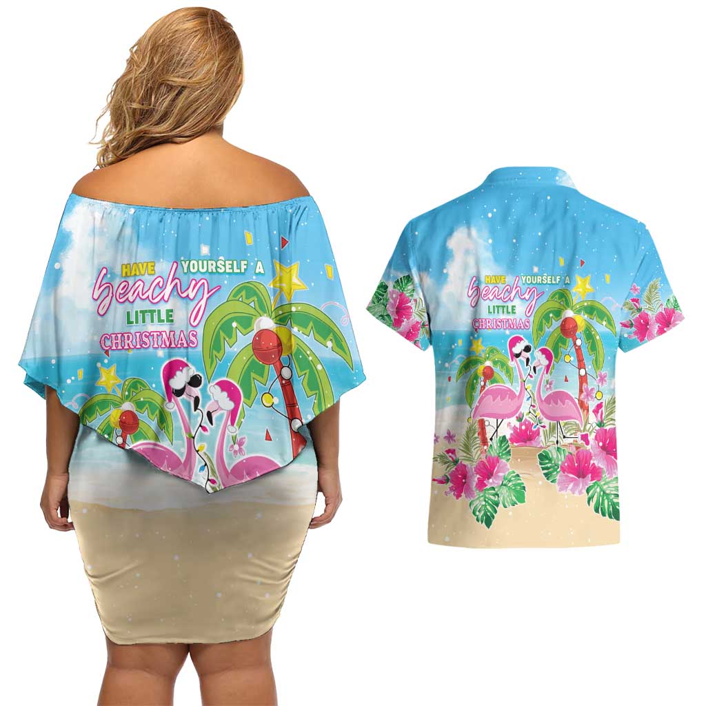 Hawaii Christmas Couples Matching Off Shoulder Short Dress and Hawaiian Shirt Deck The Palms Holiday Flamingos LT05 - Polynesian Pride