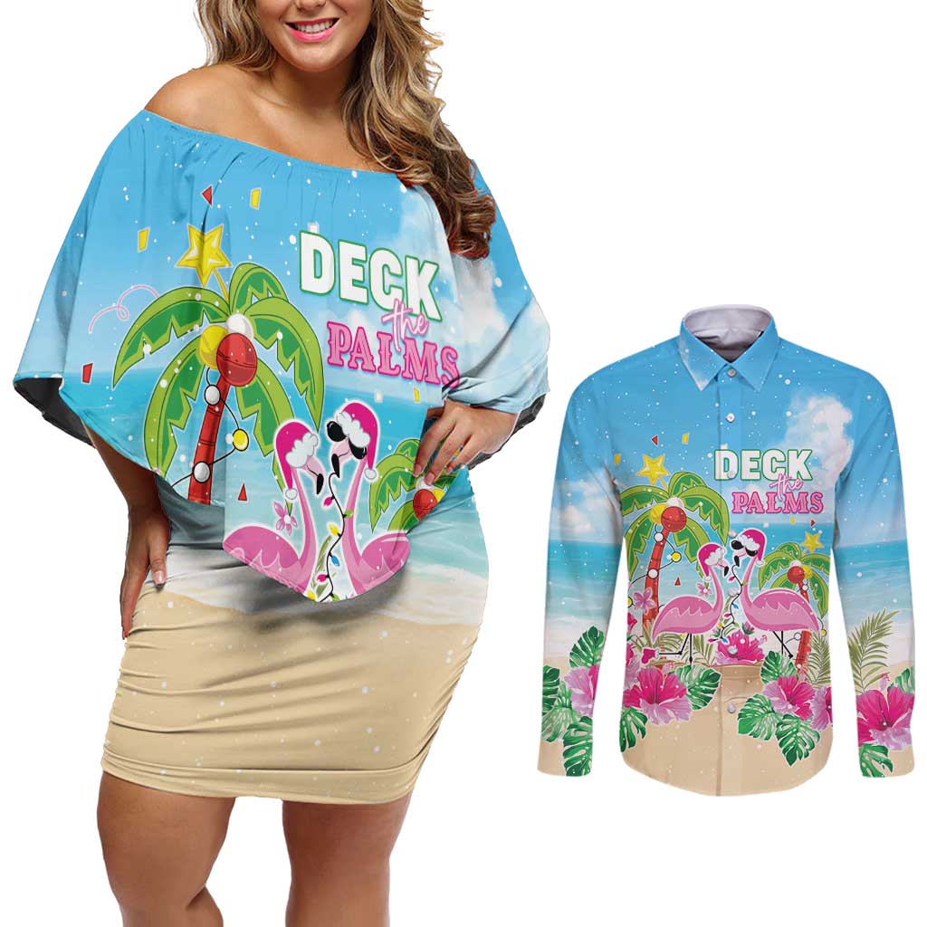 Hawaii Christmas Couples Matching Off Shoulder Short Dress and Long Sleeve Button Shirt Deck The Palms Holiday Flamingos LT05 Blue - Polynesian Pride