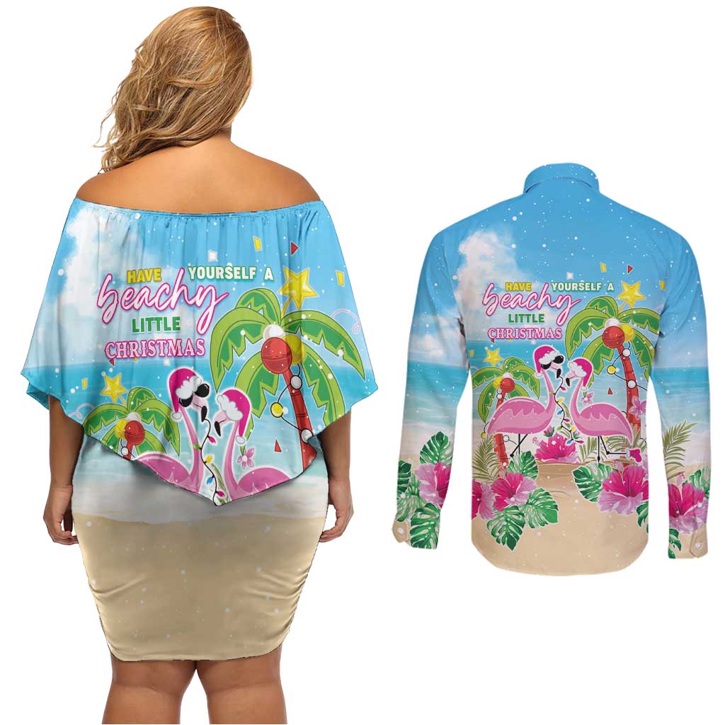 Hawaii Christmas Couples Matching Off Shoulder Short Dress and Long Sleeve Button Shirt Deck The Palms Holiday Flamingos LT05 - Polynesian Pride