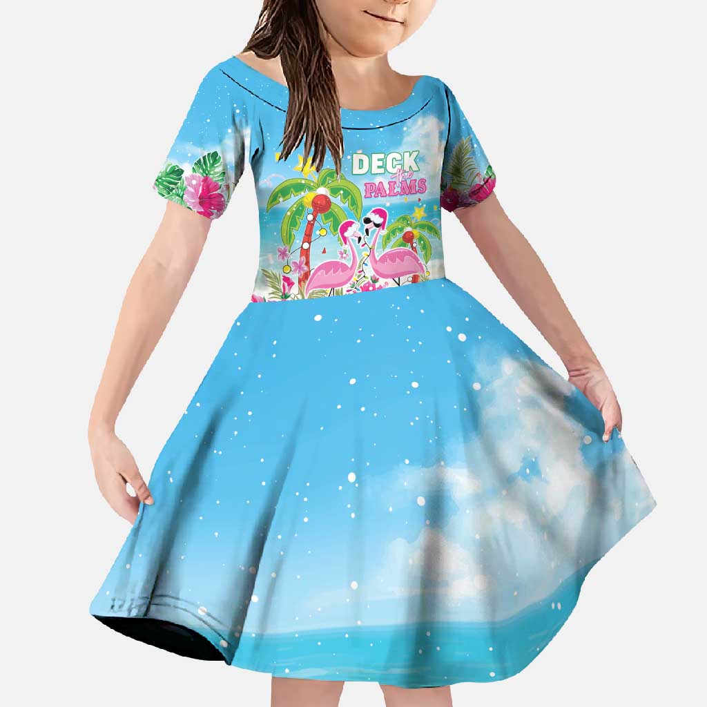 Hawaii Christmas Family Matching Mermaid Dress and Hawaiian Shirt Deck The Palms Holiday Flamingos LT05 Daughter's Dress Blue - Polynesian Pride