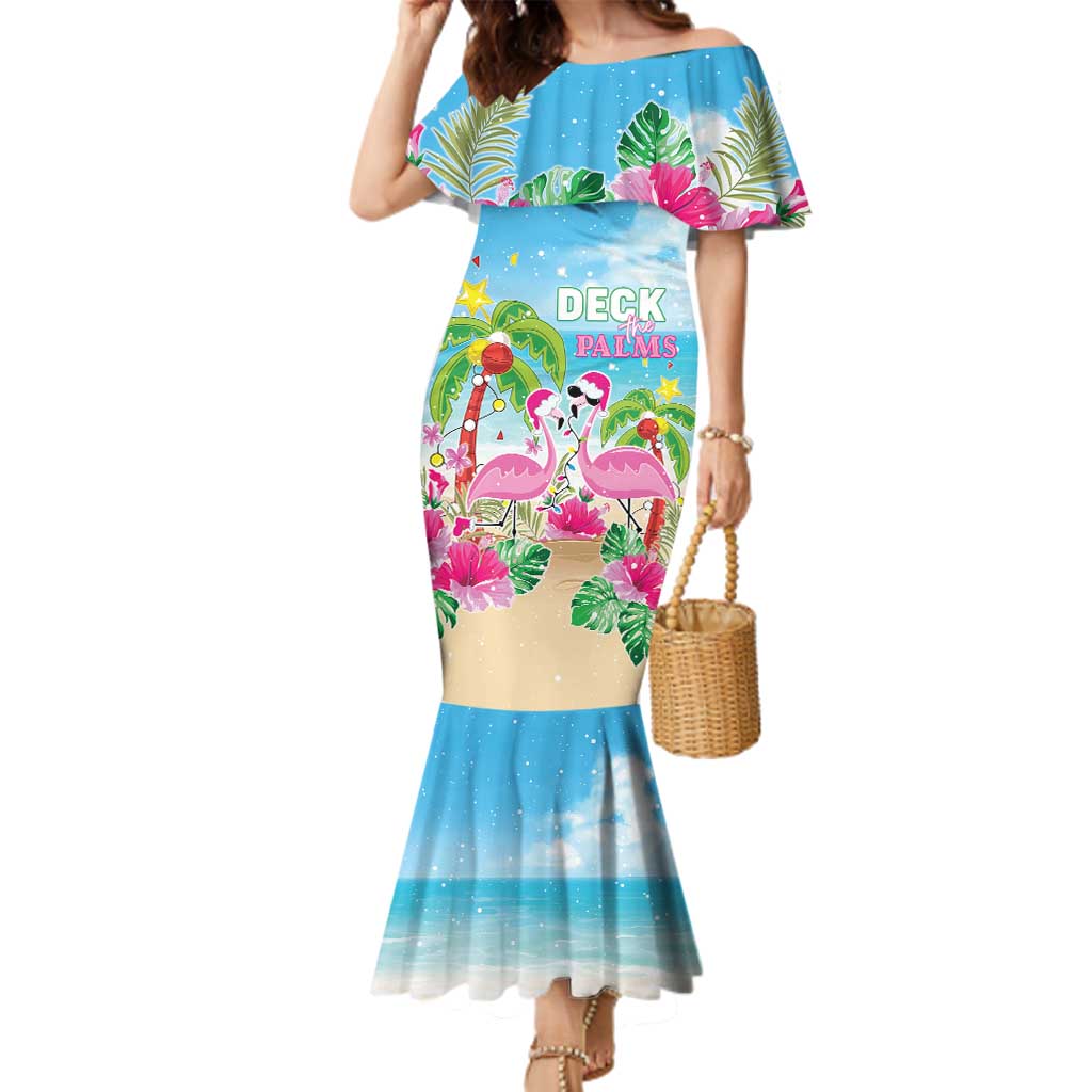 Hawaii Christmas Family Matching Mermaid Dress and Hawaiian Shirt Deck The Palms Holiday Flamingos LT05 Mom's Dress Blue - Polynesian Pride