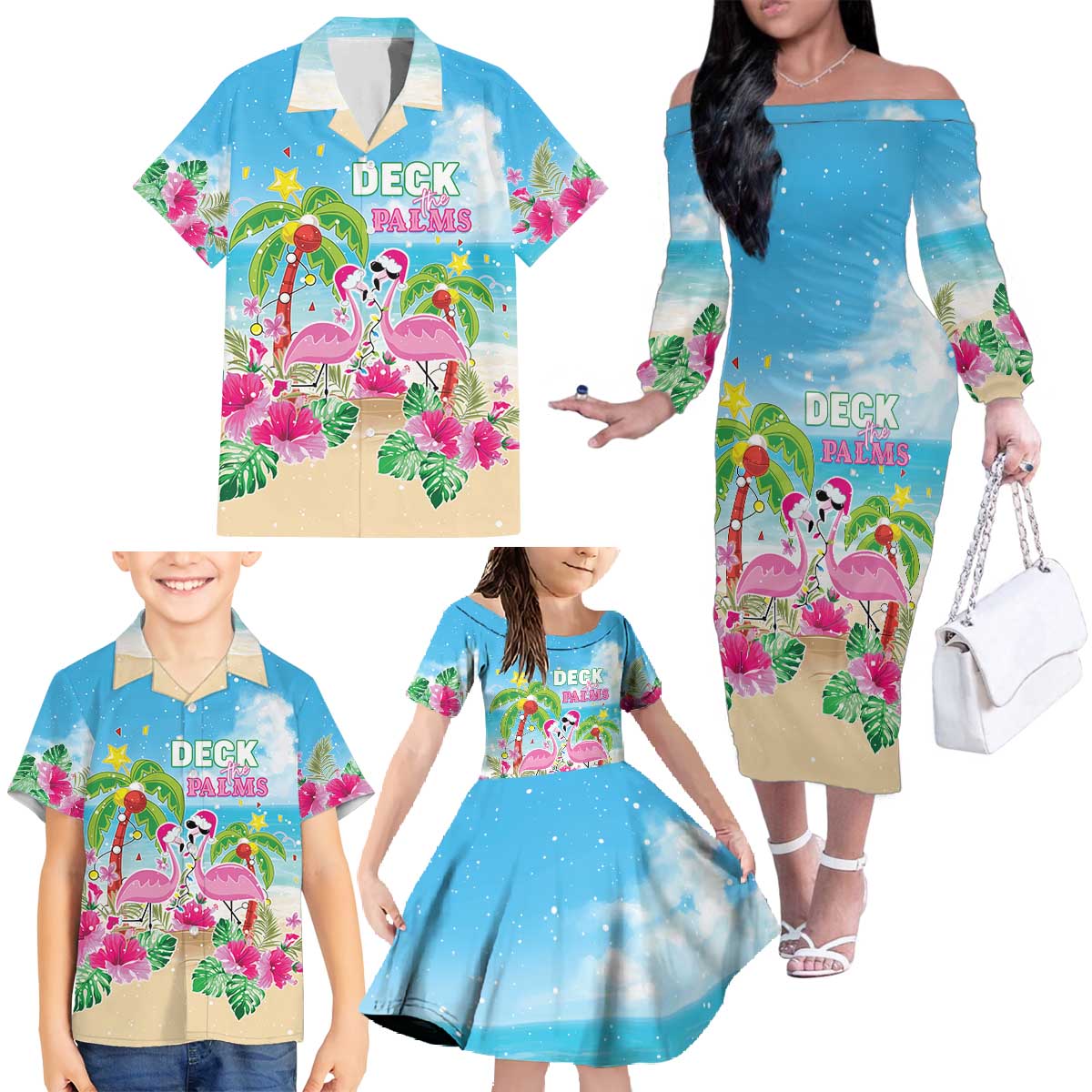 Hawaii Christmas Family Matching Off The Shoulder Long Sleeve Dress and Hawaiian Shirt Deck The Palms Holiday Flamingos LT05 - Polynesian Pride
