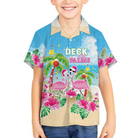 Hawaii Christmas Family Matching Off The Shoulder Long Sleeve Dress and Hawaiian Shirt Deck The Palms Holiday Flamingos LT05 Son's Shirt Blue - Polynesian Pride
