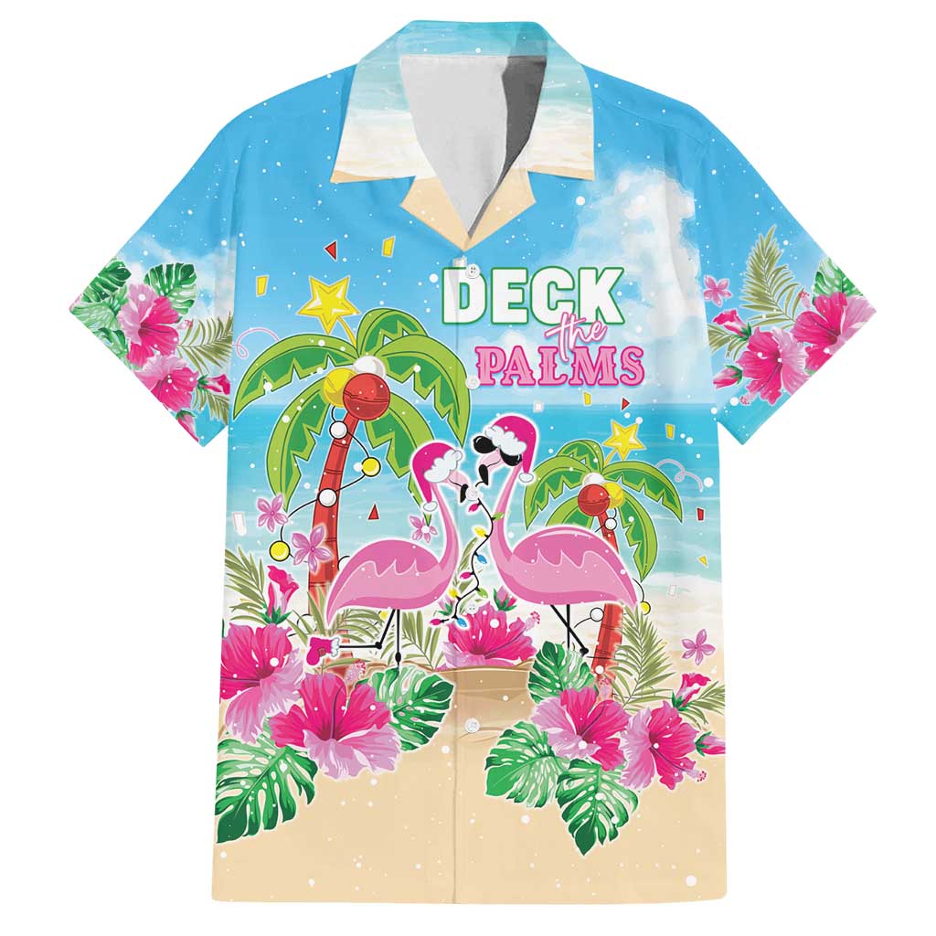 Hawaii Christmas Family Matching Off Shoulder Maxi Dress and Hawaiian Shirt Deck The Palms Holiday Flamingos LT05 Dad's Shirt - Short Sleeve Blue - Polynesian Pride