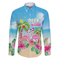Hawaii Christmas Family Matching Off Shoulder Maxi Dress and Hawaiian Shirt Deck The Palms Holiday Flamingos LT05 Dad's Shirt - Long Sleeve Blue - Polynesian Pride