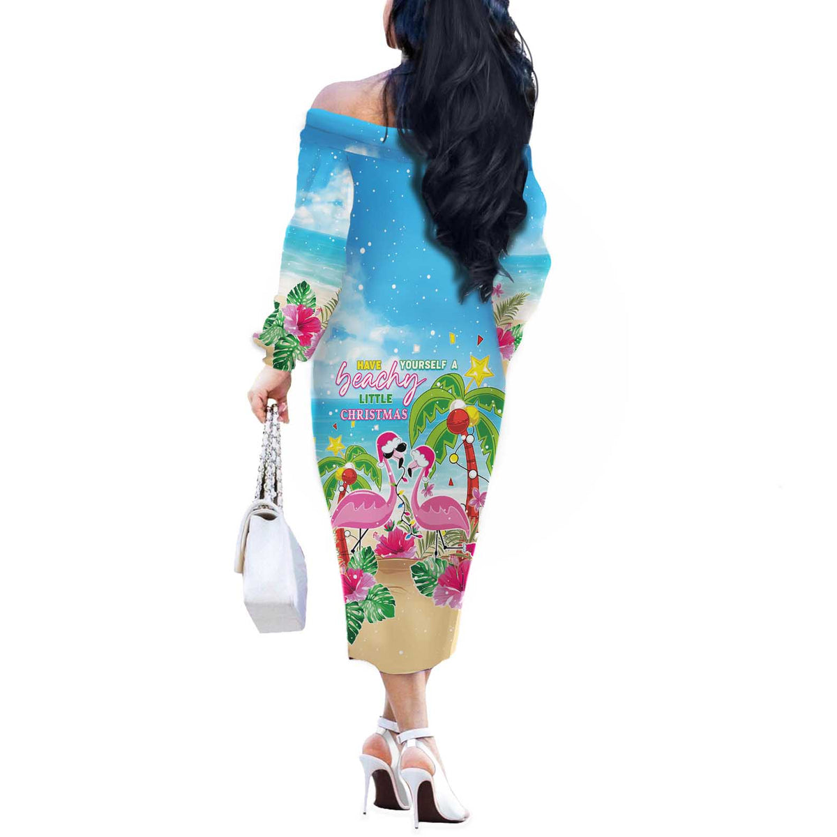 Hawaii Christmas Off The Shoulder Long Sleeve Dress Deck The Palms Holiday Flamingos