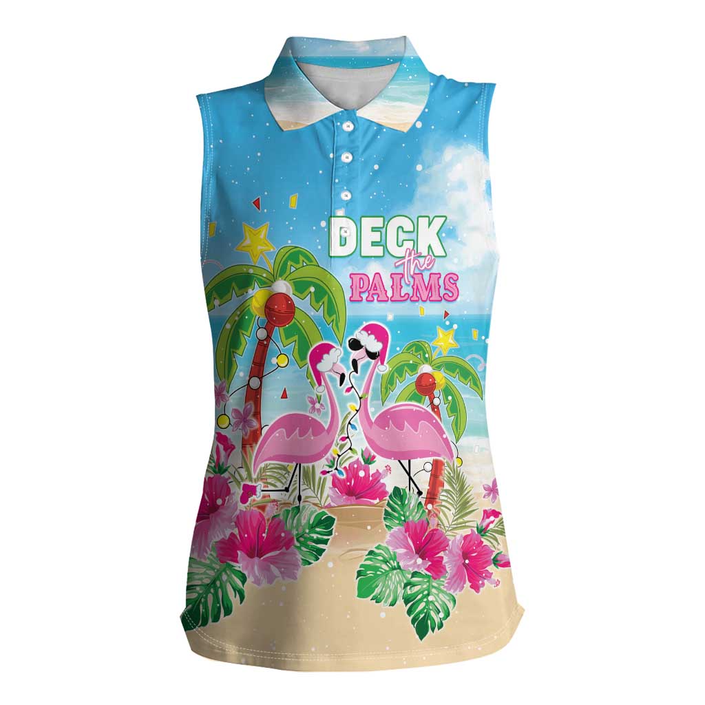 Hawaii Christmas Women Sleeveless Polo Shirt Deck The Palms Holiday Flamingos LT05 Female Blue - Polynesian Pride