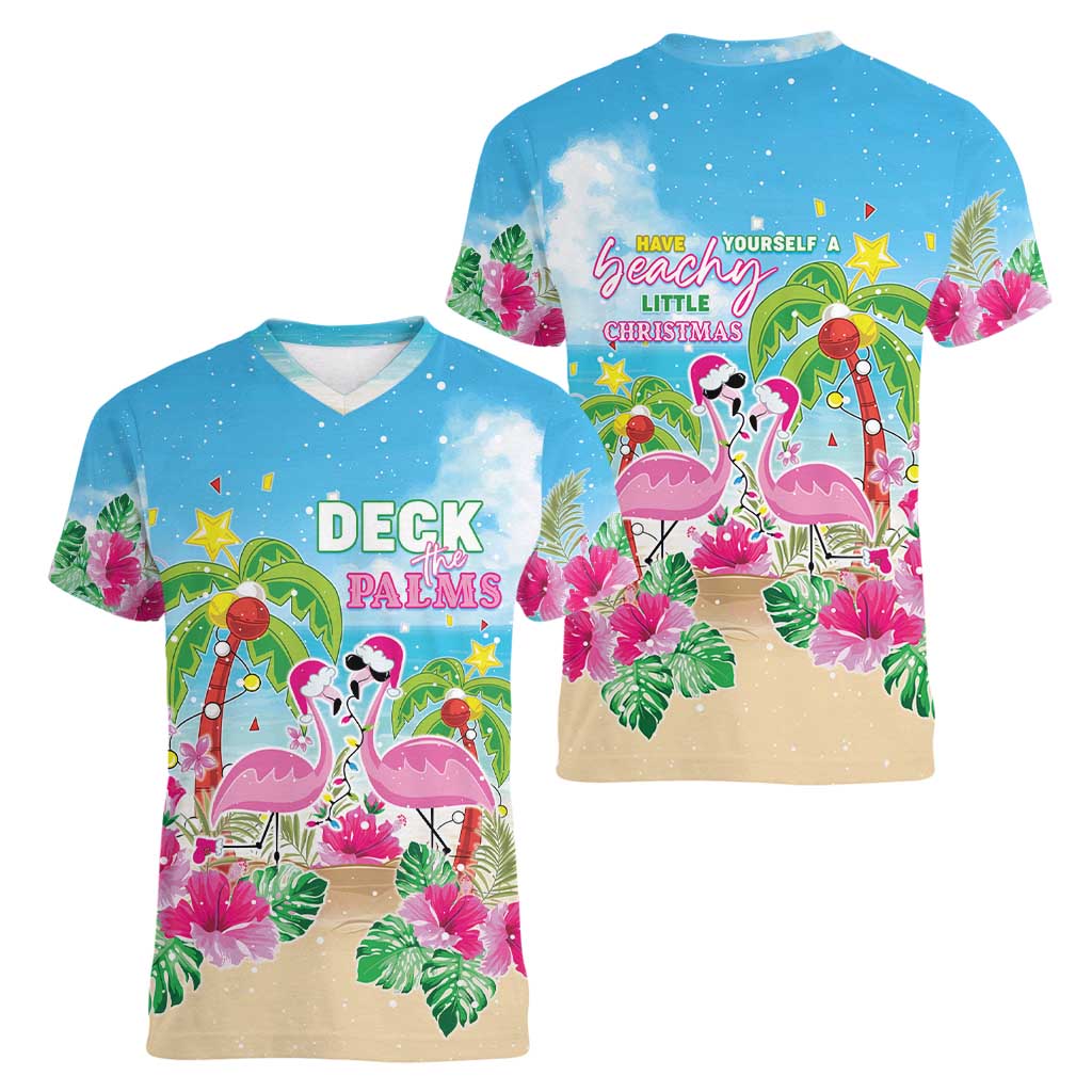 Hawaii Christmas Women V-Neck T-Shirt Deck The Palms Holiday Flamingos LT05 - Polynesian Pride
