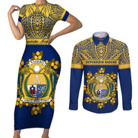 Personalised Repubrikin Naoero Independence Day Couples Matching Short Sleeve Bodycon Dress and Long Sleeve Button Shirt Tamanu With Coat Of Arms LT05 Yellow - Polynesian Pride