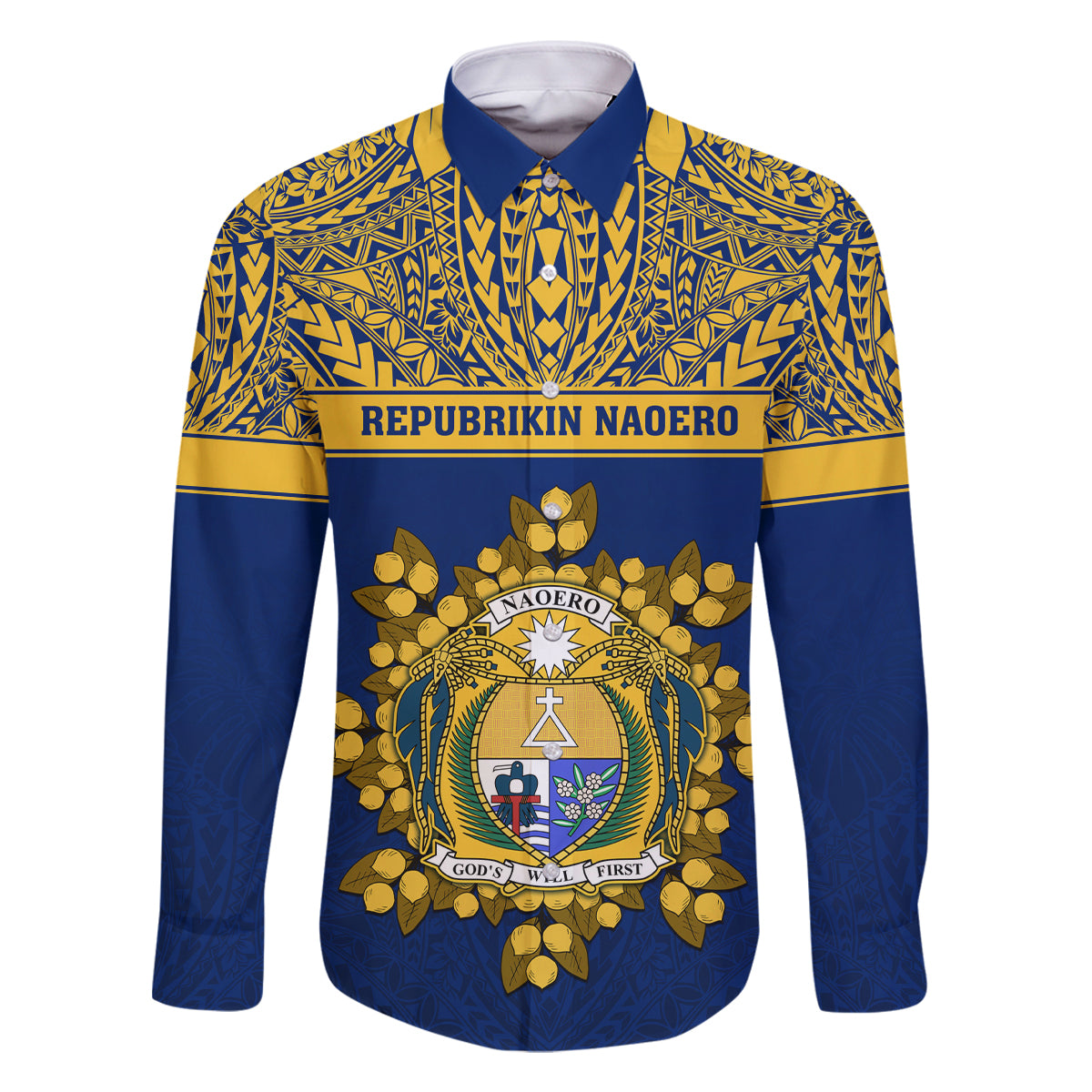 Personalised Repubrikin Naoero Independence Day Family Matching Off Shoulder Short Dress and Hawaiian Shirt Tamanu With Coat Of Arms LT05 Dad's Shirt - Long Sleeve Yellow - Polynesian Pride
