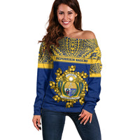 Personalised Repubrikin Naoero Independence Day Off Shoulder Sweater Tamanu With Coat Of Arms LT05 Women Yellow - Polynesian Pride