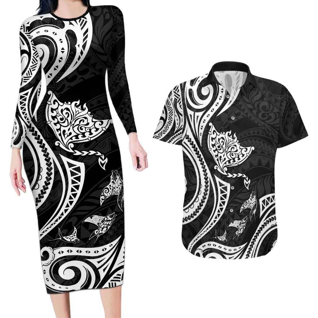 Hawaii Manta Ray Couples Matching Long Sleeve Bodycon Dress and Hawaiian Shirt Polynesian Art Tattoo LT05 Black - Polynesian Pride