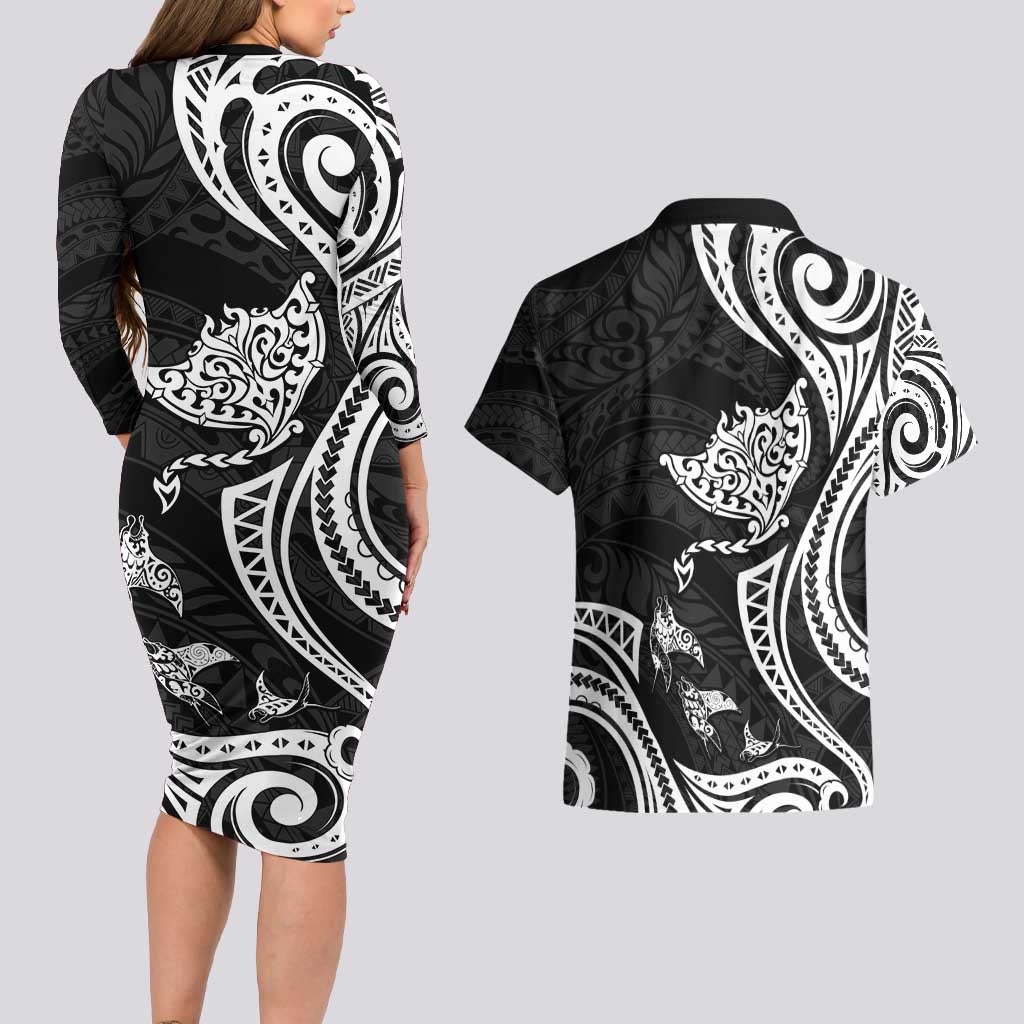 Hawaii Manta Ray Couples Matching Long Sleeve Bodycon Dress and Hawaiian Shirt Polynesian Art Tattoo LT05 - Polynesian Pride